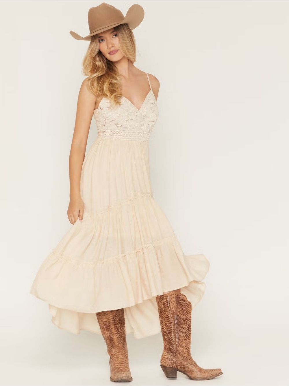 SHYANNE WOMEN'S AERIE CROCHET FRONT HIGH-LOW MIDI DRESS